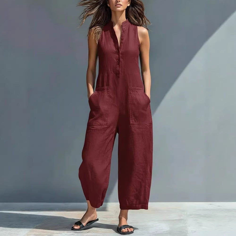 Black Minimalist Faux Linen Button-down Collar Sleeveless Loose-fitting Jumpsuit