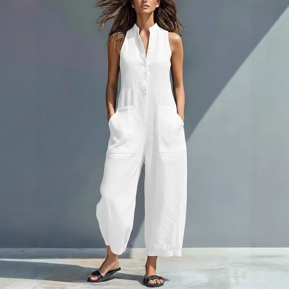 Black Minimalist Faux Linen Button-down Collar Sleeveless Loose-fitting Jumpsuit