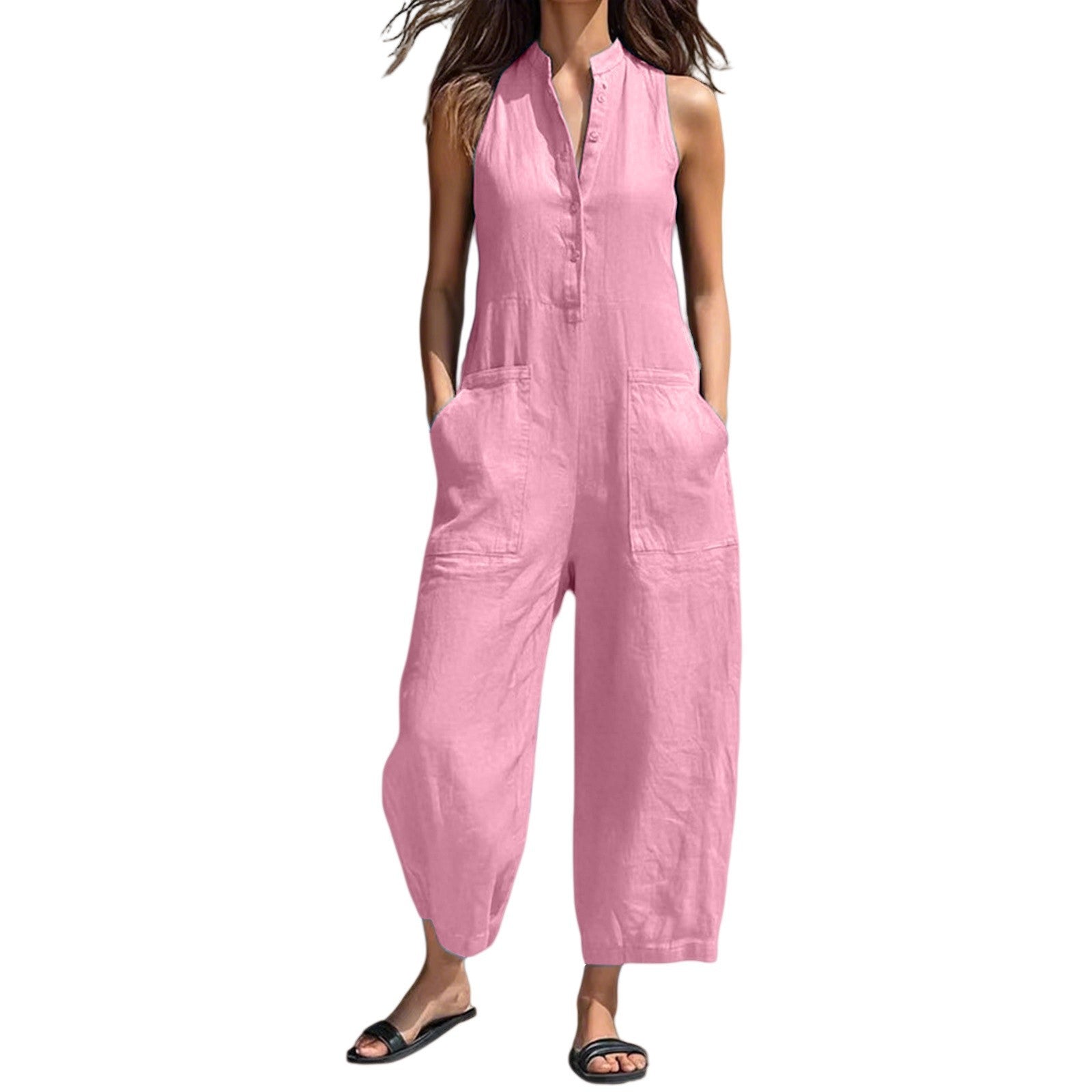 Black Minimalist Faux Linen Button-down Collar Sleeveless Loose-fitting Jumpsuit