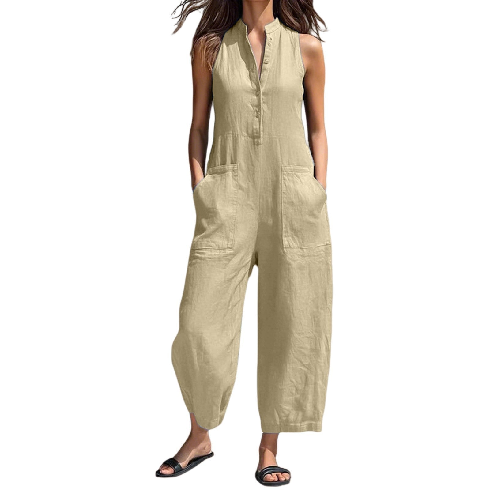 Black Minimalist Faux Linen Button-down Collar Sleeveless Loose-fitting Jumpsuit