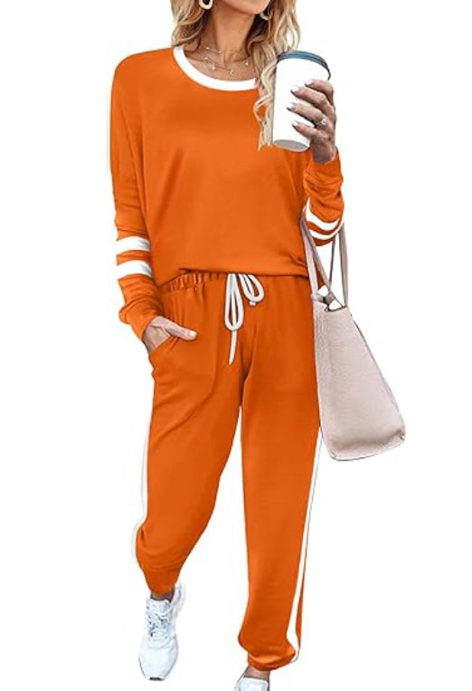Women's Solid Long Sleeve Round Neck Pulloever Top Drawstring Pants Set