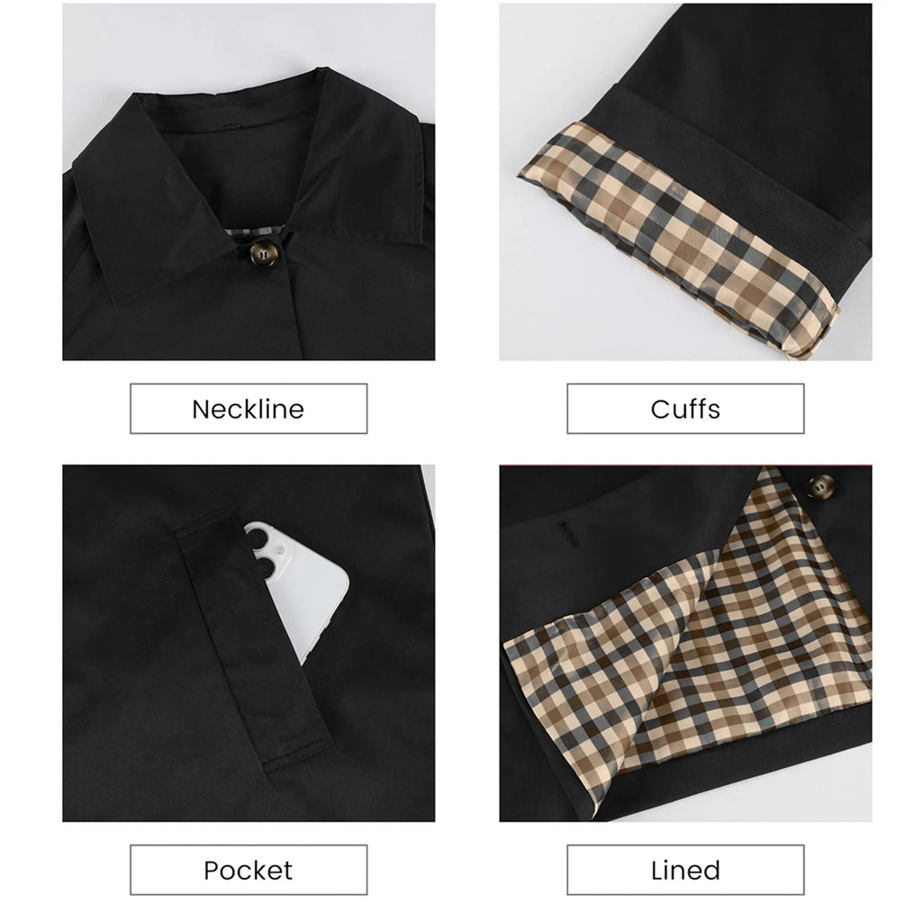 UANEO Womens Cropped Trench Coat with Checkered Lining