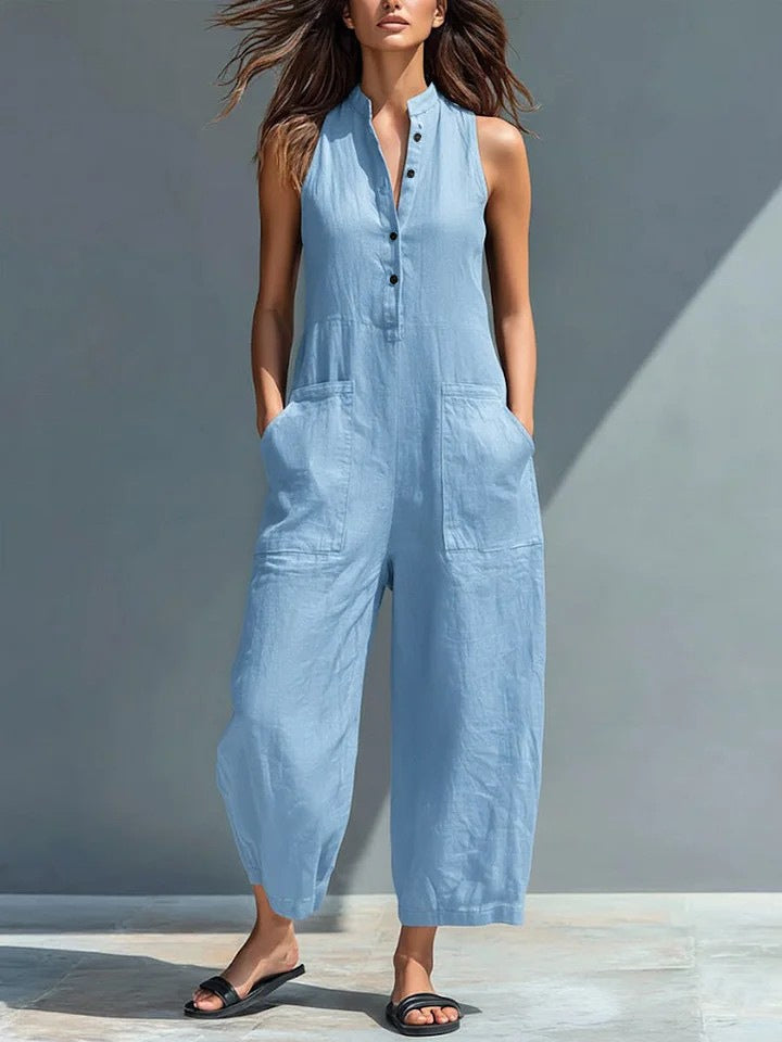 Black Minimalist Faux Linen Button-down Collar Sleeveless Loose-fitting Jumpsuit