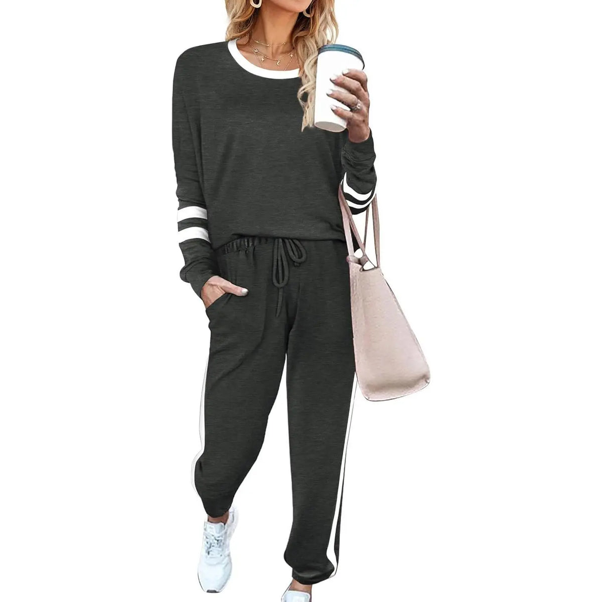 Women's Solid Long Sleeve Round Neck Pulloever Top Drawstring Pants Set
