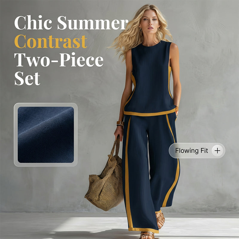 🔥Casual Sleeveless Colorblock Top & Wide-Leg Pants Set