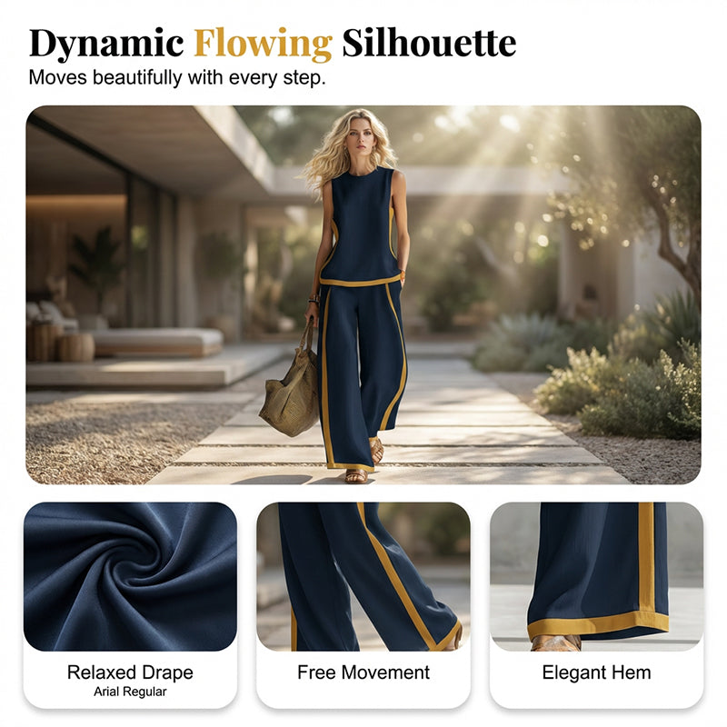 🔥Casual Sleeveless Colorblock Top & Wide-Leg Pants Set