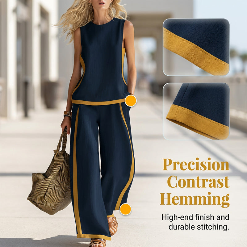 🔥Casual Sleeveless Colorblock Top & Wide-Leg Pants Set