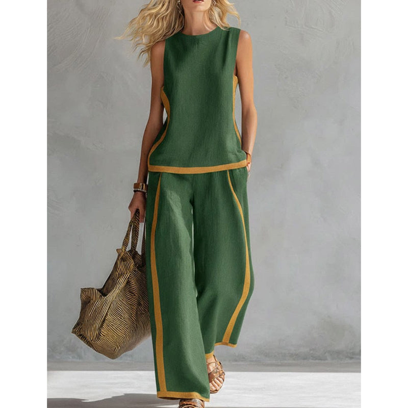 🔥Casual Sleeveless Colorblock Top & Wide-Leg Pants Set