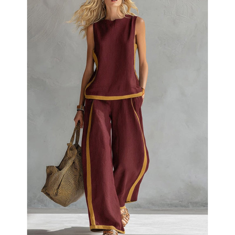 🔥Casual Sleeveless Colorblock Top & Wide-Leg Pants Set