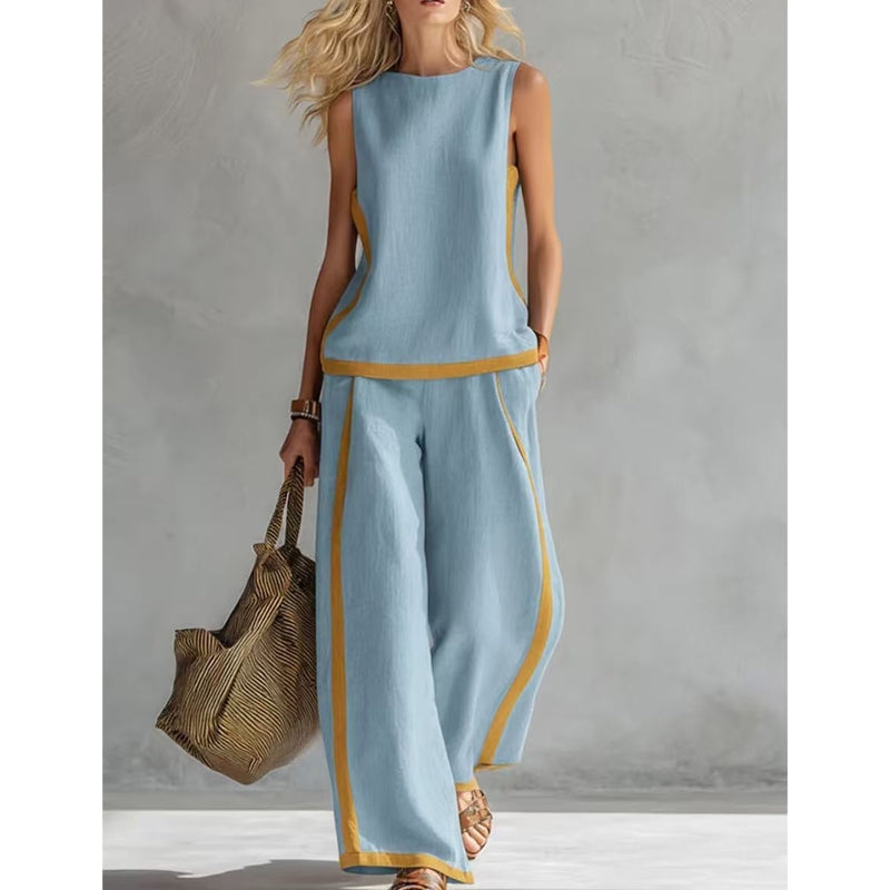 🔥Casual Sleeveless Colorblock Top & Wide-Leg Pants Set