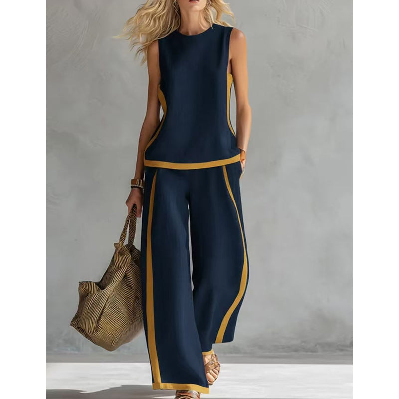 🔥Casual Sleeveless Colorblock Top & Wide-Leg Pants Set