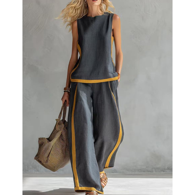 🔥Casual Sleeveless Colorblock Top & Wide-Leg Pants Set